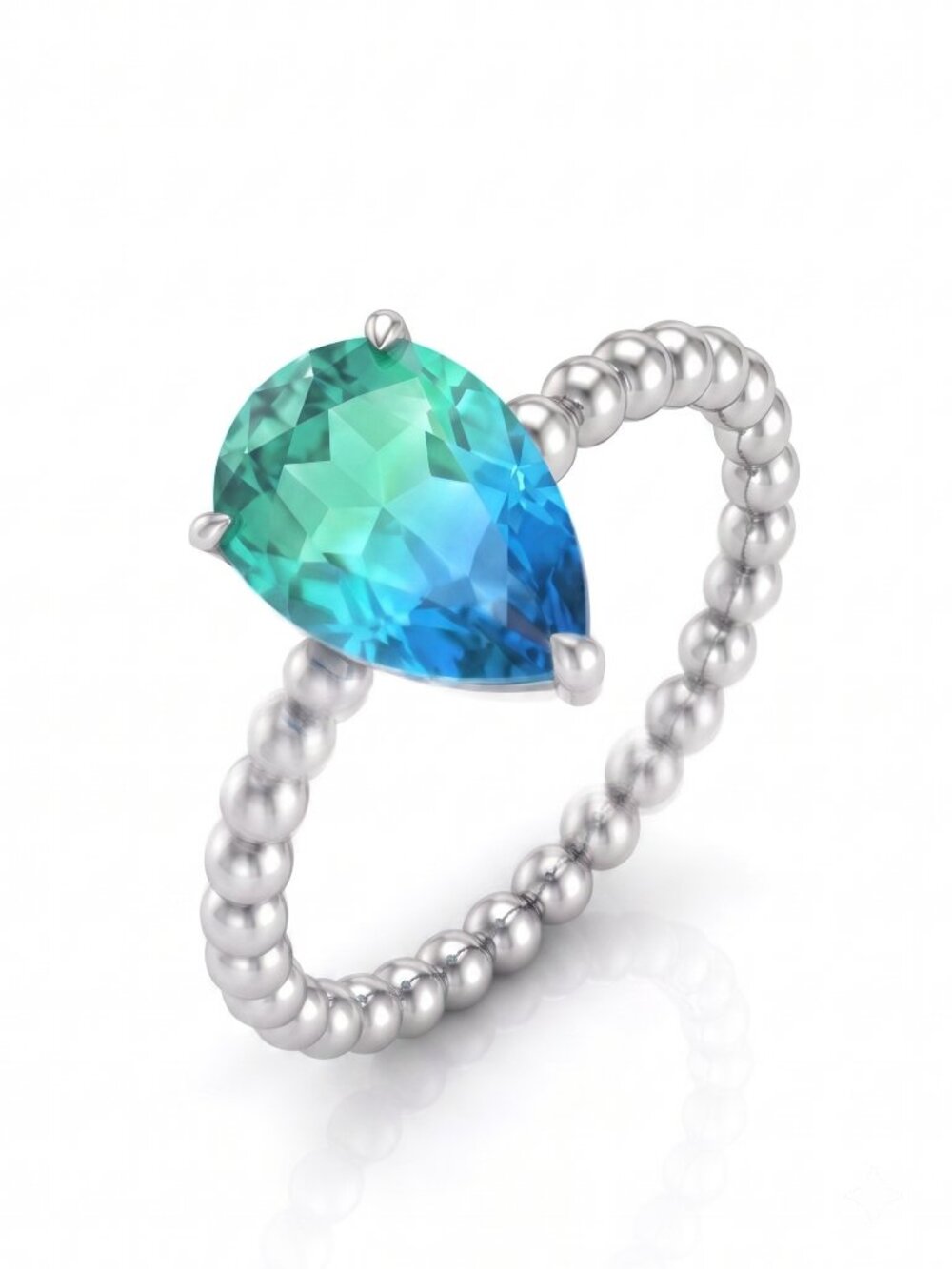 Blue & Teal Green Tourmaline Pear Ring, 925 Sterling Silver Charmed Mermaid